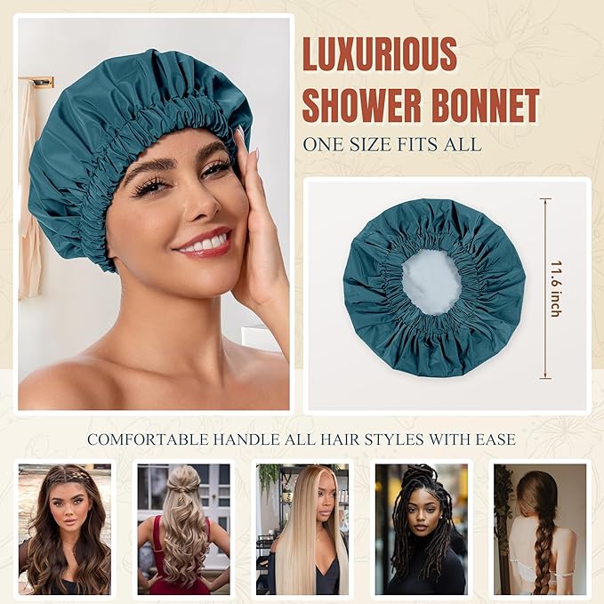 Reusable Shower Cap for Women, Stylish Large Waterproof Shower Bonnet Washable Wide Elastic Band Hair Cap for Long Hair, Braids Bath Hat(Bamboo Moon Blue)