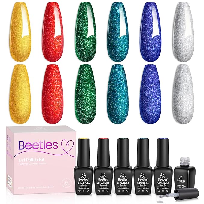 Beetles Glitter Gel Nail Polish, 6 Colors Red Green Gel Nail Polish Set Soak Off Uv LED Nail Lamp Reflective Glitter Nail Art DIY Home Nails Manicure Gifts for Women Her Girls