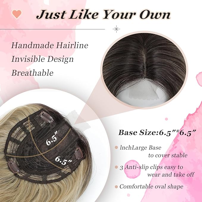 Hair Topper, 360° 3D Hair Toppers for Women with Thinning Crown, 20 Inch Long Wavy Curly Hair Pieces Clip in Bangs (Ombre Light Blonde with Dark Root, 20 inch, Side Bangs)