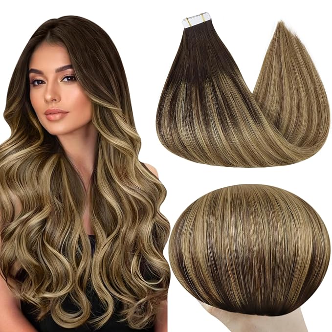 Full Shine Hair Extensions Tape in 16 Inch Seamless Human Hair Tape In Extensions Color 2/8/27 Brown Roots to Blonde and Brown Straight Hair Extensions Tape in 50 Gram Soft Remy 20 Pcs for Party