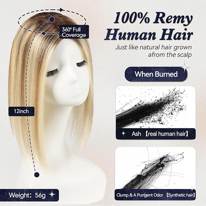 starluck Hair Toppers for Women Real Human Hair,5.5"*5"MONO Large Base, Real HumanHair Toppers for Women with Thinning,56g Hand-moven Topper,Gray Roots,High Volume,Ombre Blonde with Brown Highlight