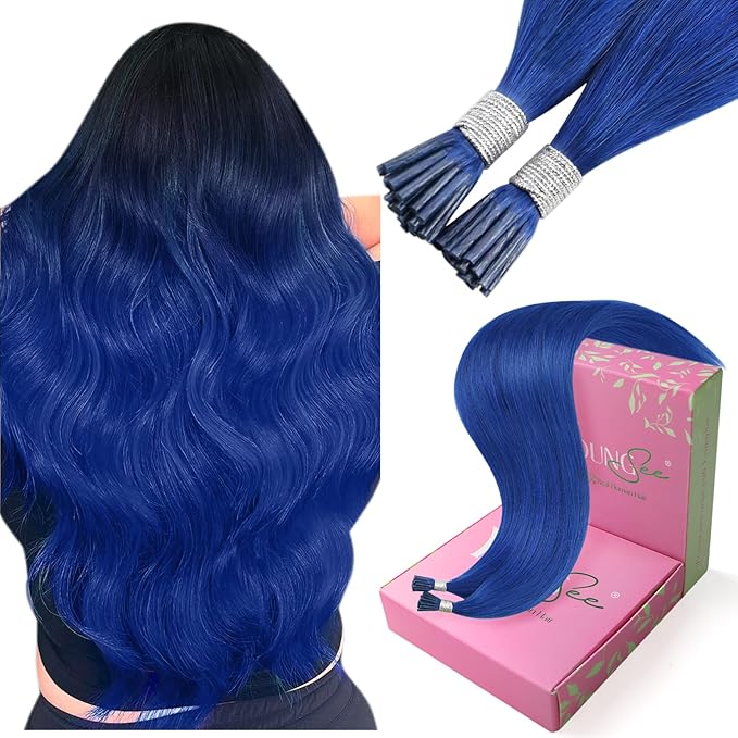YoungSee I Tip Hair Extensions Blue 24 Inch Human Hair I Tip Extensions Blue Long Hair Color Itip Hair Extensions Soft and Silky for Girls Diy Your Hairstyle 25s 25g