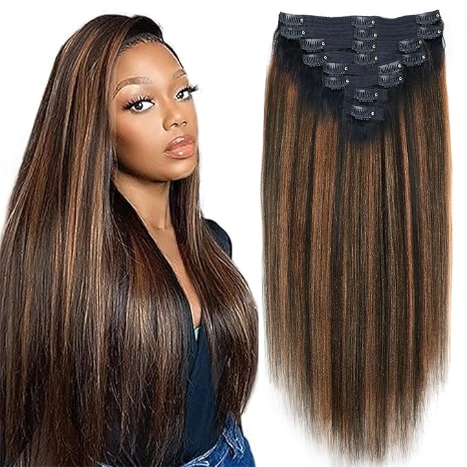 Yaki Straight Clip ins Real Human Hair Extensions For Women Highlight Hair Extensions Yaki Straight Clip in Hair Extensions(14inch,T1BP1B/30)