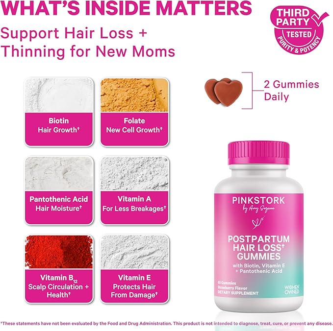 Pink Stork Postpartum Hair Loss Gummies | Biotin, Pantothenic Acid, Vitamin E, B6, B12 | Postnatal Hair Growth + Regrowth Support | Breastfeeding-Friendly | Postpartum Essentials | 60 Gummies