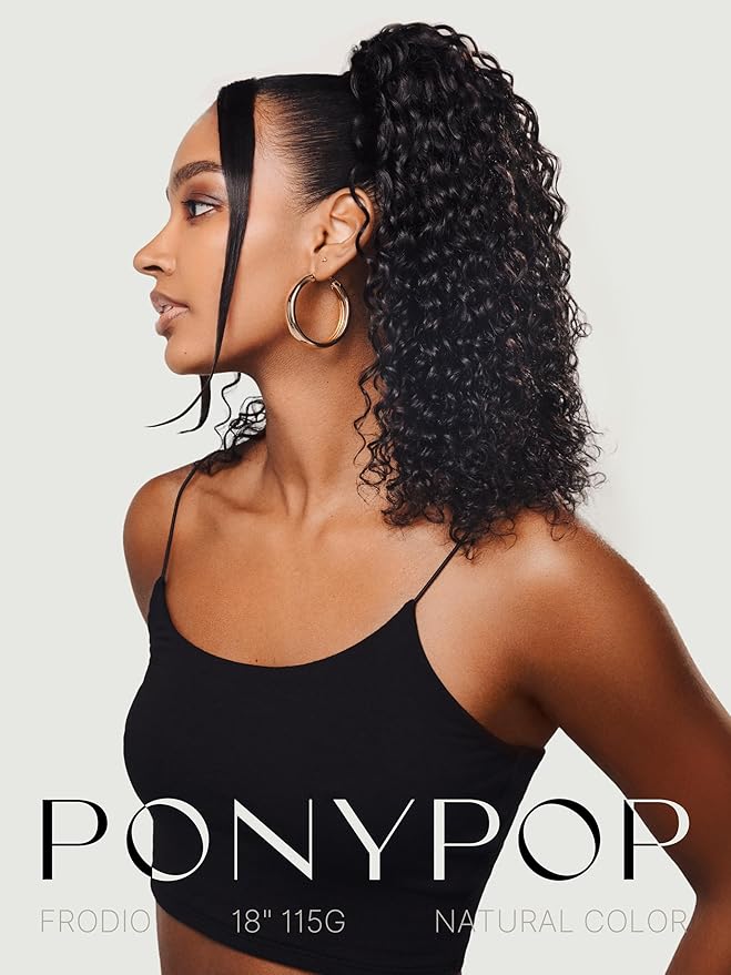 Frodio Clip in Ponytail Extension Human Hair for women 18 Inches Long Water Wave Curly Extension Ponytail Natural Color