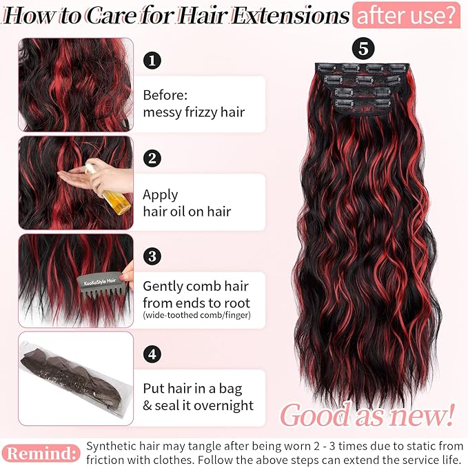 KooKaStyle Hair Extensions Black Mix Red Highlights 1B/113# Clip in Synthetic Highlight Long Wavy 4PCS Thick Hairpieces for Daily Use 24 Inch for Women
