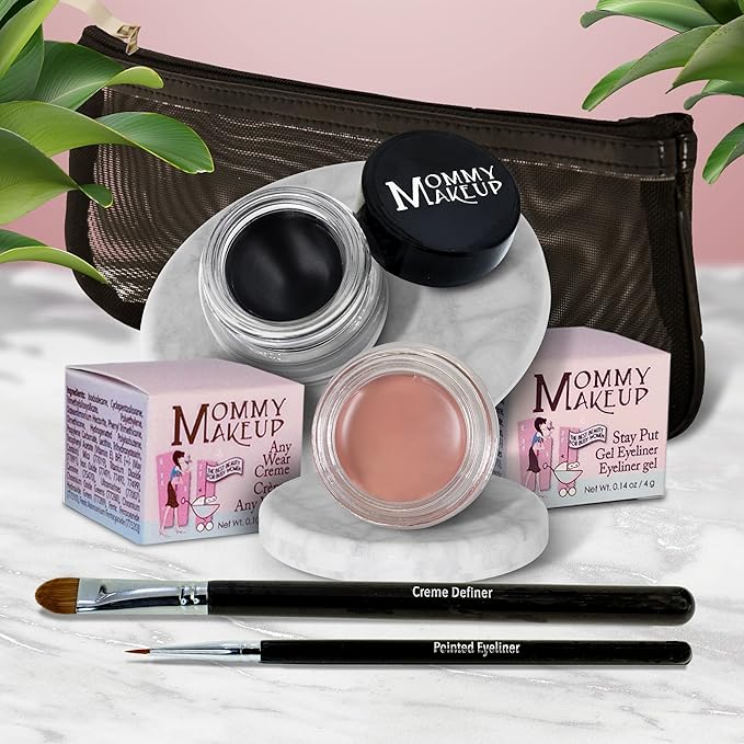 The Everlasting Eye 5 Piece Waterproof Makeup Set. Gel Eyeliner, Creme Eyeshadow, 2 brushes and Mesh Bag. Paraben-free, Talc-free, Cruelty-free. Anna/Black Beauty 1201