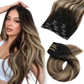 Moresoo Clip in Hair Extensions Real Human Hair Balayage Black to Dark Brown with Caramel Blonde 5pcs 80g Remy Straight Invisible Lace Double Weft Human Hair Clip in Extensions 16inch