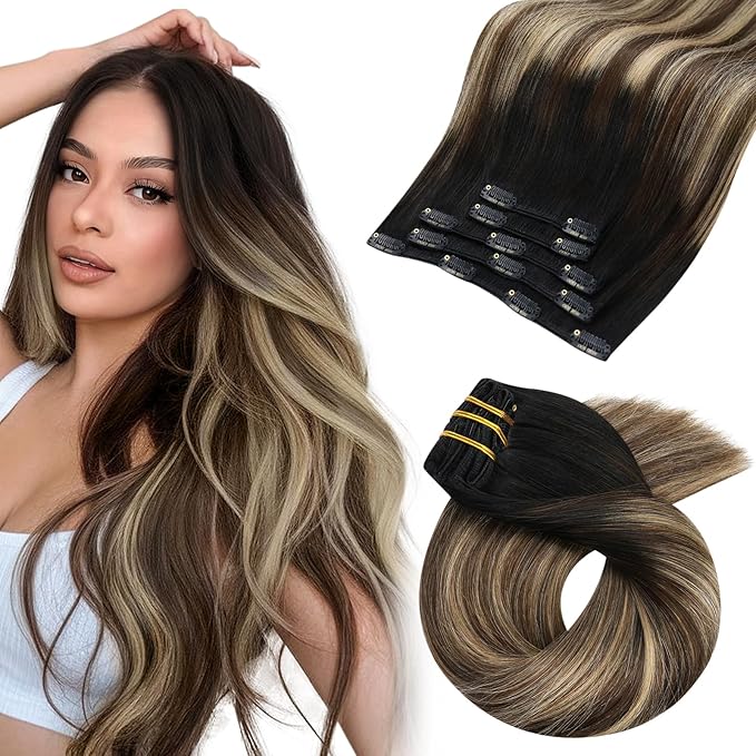 Moresoo Clip in Hair Extensions Real Human Hair Balayage Black to Dark Brown with Caramel Blonde 5pcs 80g Remy Straight Invisible Lace Double Weft Human Hair Clip in Extensions 16inch