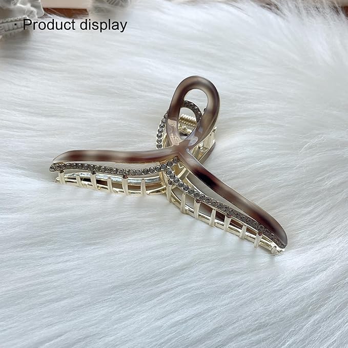 Large Metal Acetate Hair Claw Clips with Rhinestones, Gold Metal Hair Claw for Thick Hair, Strong Hold Non Slip Gold Hair Clips & Acetate Rhinestone for Women（Mermaid Amber）