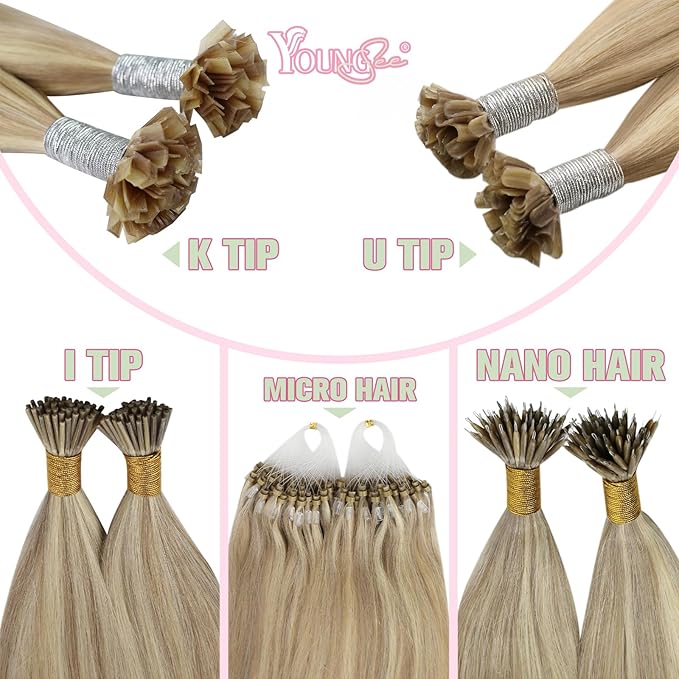 YoungSee K Tip Hair Extensions Human Hair Blonde Highlight Ktip Human Hair Extensions Golden Blonde Highlight 14inch 50s/50g