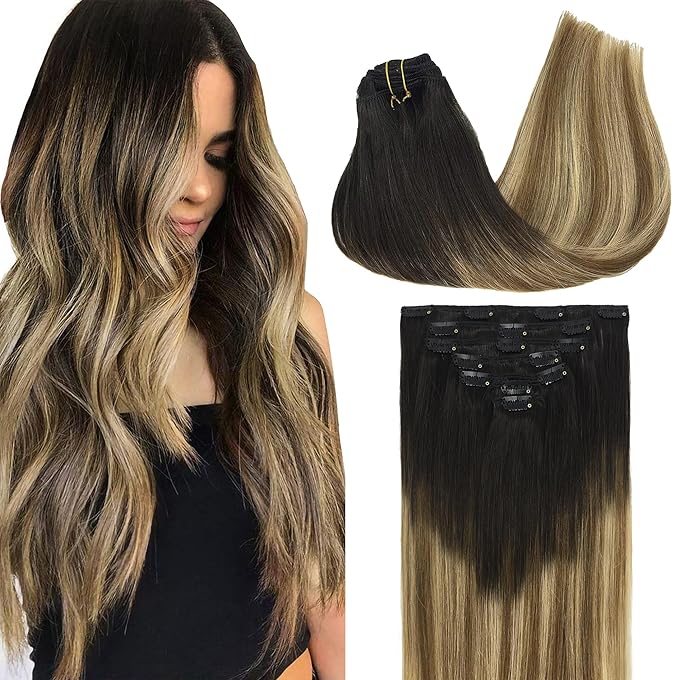 GOO GOO Clip in Hair Extensions Real Human Hair, Remy Human Hair Extensions Clip ins for Women, Natural Human Hair, 18inch 120g 7Pcs, 2/6/18 Balayage Brown to Dirty Blonde