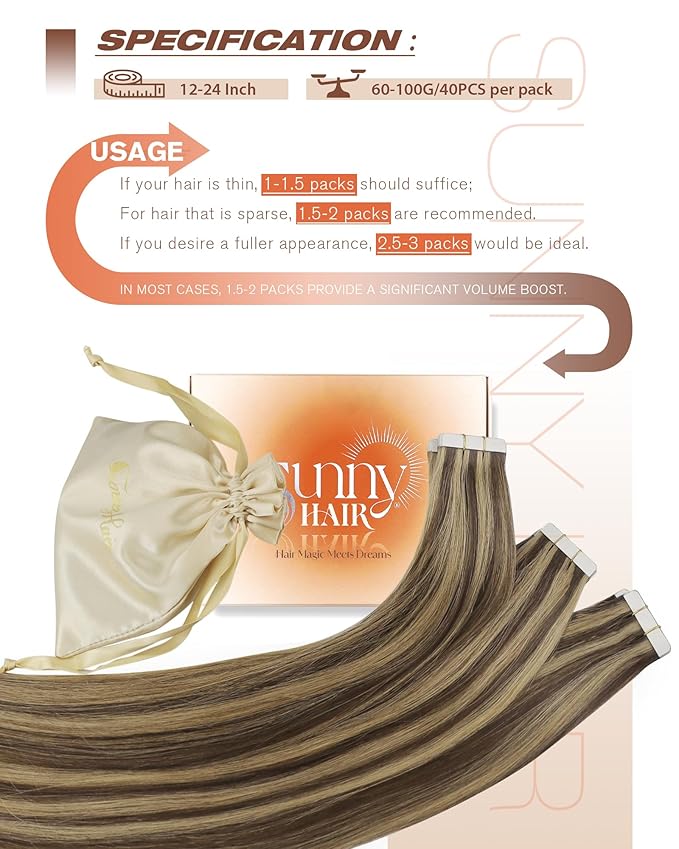 Sunny Hair Tape in Hair Extensions Human Hair 22 Inch Hair Extensions Real Human Hair Tape in Extensions for Women Medium Brown Highlights Caramel Blonde Remy Hair Straight Skin Weft 40pcs 100g