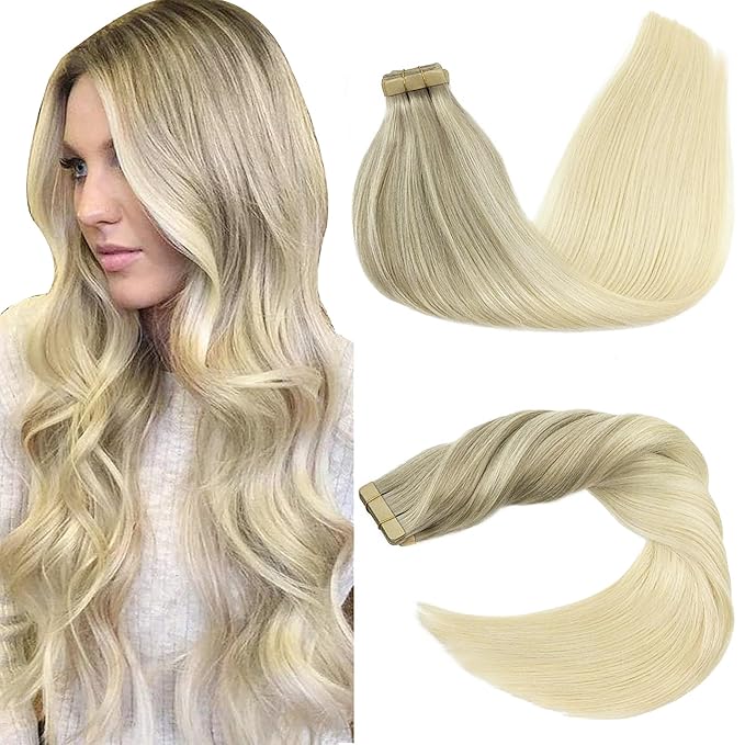 GOO GOO Tape in Hair Extensions Human Hair, 17/22/60 Ash Blonde to Golden Blonde and Platinum Blonde, 20inch 50g 20pcs, Skin Weft Seamless Invisible, Silky Straight with Thick Ends, Remy Human Hair