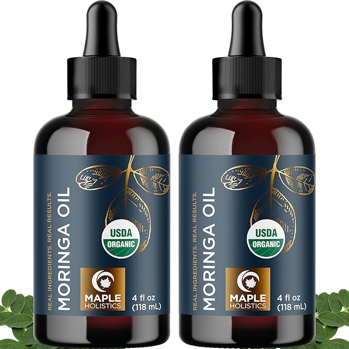 Organic Moringa Oil for Hair and Skin - Cold Pressed Virgin Unrefined Natural Pure USDA Organic Hair Oil for Dry Damaged Hair and Ultra Hydrating Face Oil - Carrier Oil for Essential Oils (2 Pack)