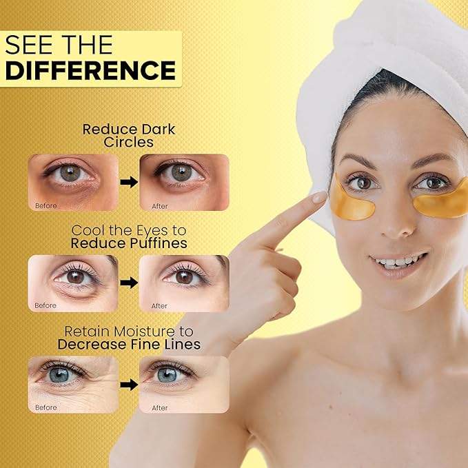 Under Eye Patches for Dark Circles - 24k Gold Eye Mask for Luxurious hydrating eye patches (20 Pairs) Gold Eye Patches for Puffy Eyes Brightening, Anti-Aging Wrinkles, for both genders