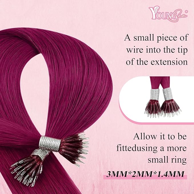 YoungSee Nano Ring Hair Extensions Magenta 22 inch Nano Bead Hair Extensions Human Hair Burgundy Nanobead Human Hair Extension Colored Nano-Ring Hair Extension Real Human-hair 1g/s 25g 25s