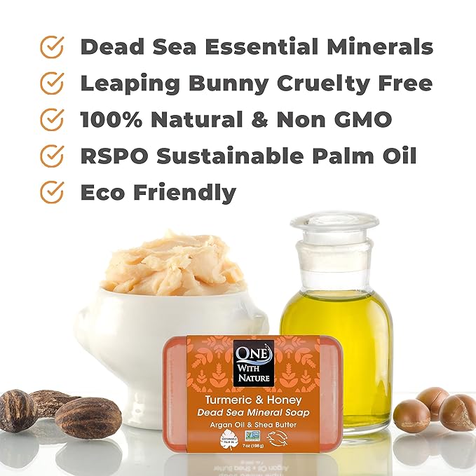One With Nature Dead Sea Salt Turmeric Soap 7oz 3-Pack – Purifying and Exfoliating Soap Bar with Dead Sea Minerals and Honey for Face & Body, for Men & Women