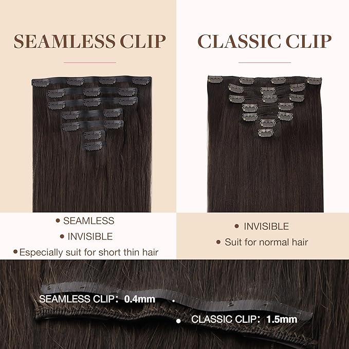 GOO GOO Clip in Hair Extensions Real Human Hair, Remy Human Hair Extensions Clip ins for Women, Natural Human Hair, 16inch 110g 7Pcs, 2A Light Brown