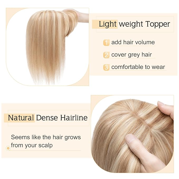 SEGO Hair Toppers for Women Real Human Hair With Bangs, 7 * 13CM Silk Base 100% Remy Human Hair Clip in Top Wiglet Hairpieces Add Volume -16 Inch Golden Brown&Bleach Blonde
