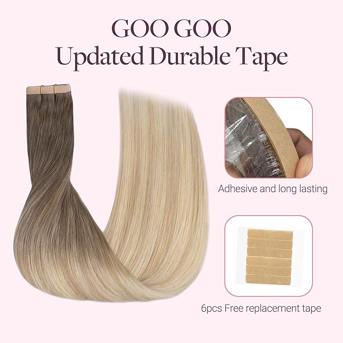 GOO GOO Tape in Hair Extensions Human Hair, 9/18J/60 Chocolate Brown to Champagne Blonde Balayage, 16inch 50g 20pcs, Skin Weft Seamless Invisible, Silky Straight with Thick Ends, Remy Human Hair
