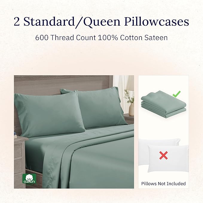 CALIFORNIA DESIGN DEN Luxuriously Soft Hotel Quality 600 Thread Count, 100% Cotton Set of 2 Cases, Crisp & Cool Bed Pillow Covers Standard Size Fits Standard & Queen Pillows (Sage Green)