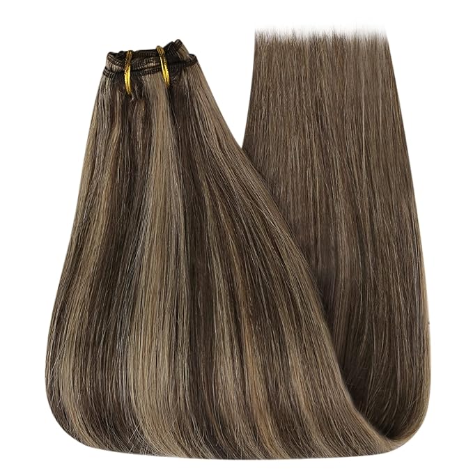 YoungSee Hair Extensions Weft Brown Highlights Sew in Hair Extensions Real Human Hair Dark Brown Mix Caramel Blonde Human Hair Weft Extensions for Women 18Inch 100G