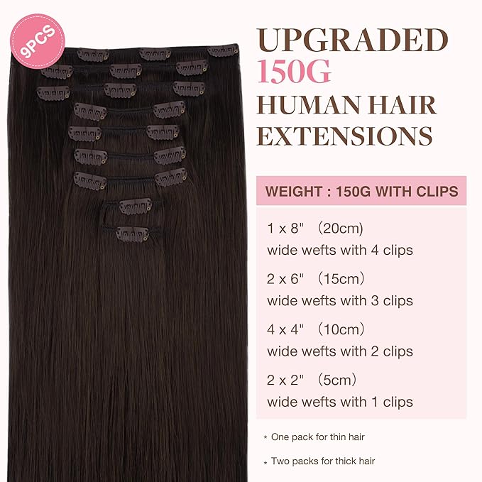 GOO GOO Clip in Hair Extensions Real Human Hair, Remy Human Hair Extensions Clip ins for Women, Natural Human Hair, 14inch 150g 9Pcs, 2A Light Brown