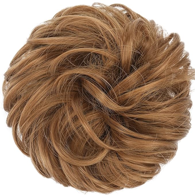 FESHFEN Messy Bun Hair Pieces - Large Wavy Curly Elastic Hair Bun Scrunchies Ponytail Extensions Synthetic Chignon Hairpieces for Women, Strawberry Blonde 1.94oz