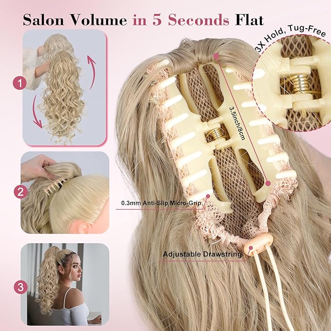 QGZ 20" Wavy Ponytail Extension, Claw Clip Ponytail Hair Extension, Natural Synthetic Hairpiece for Women Daily Use(Blonde with Light Blonde Ends)