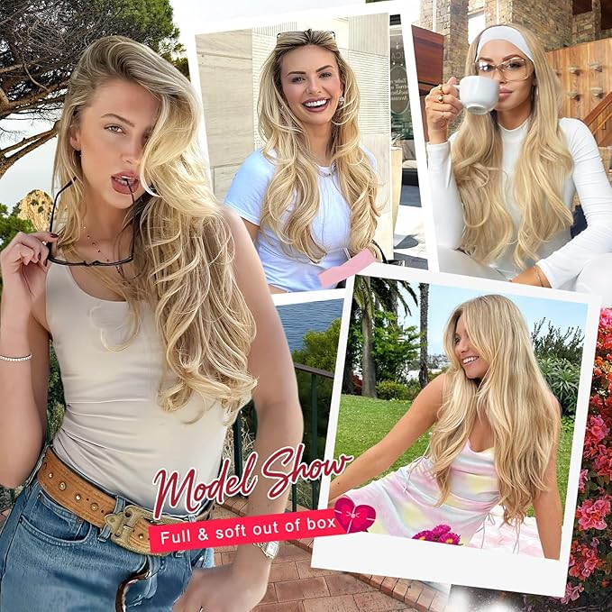 ALXNAN Long Wavy Hair Extensions for Women, Clip in Hair Extensions Clip Ins Soft Layered Synthetic Hairpieces 20 Inch Light Brown mix Golden Blonde