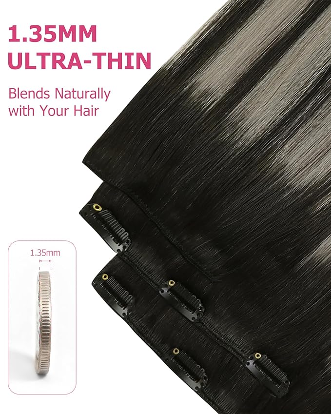 YoungSee 135G Balayage Hair Extensions Clip ins Black Silver Clip in Hair Extensions Human Hair Natural Black Mix Silver Balayage Clip on Hair Extension for Women 135G 18Inch 7Pcs