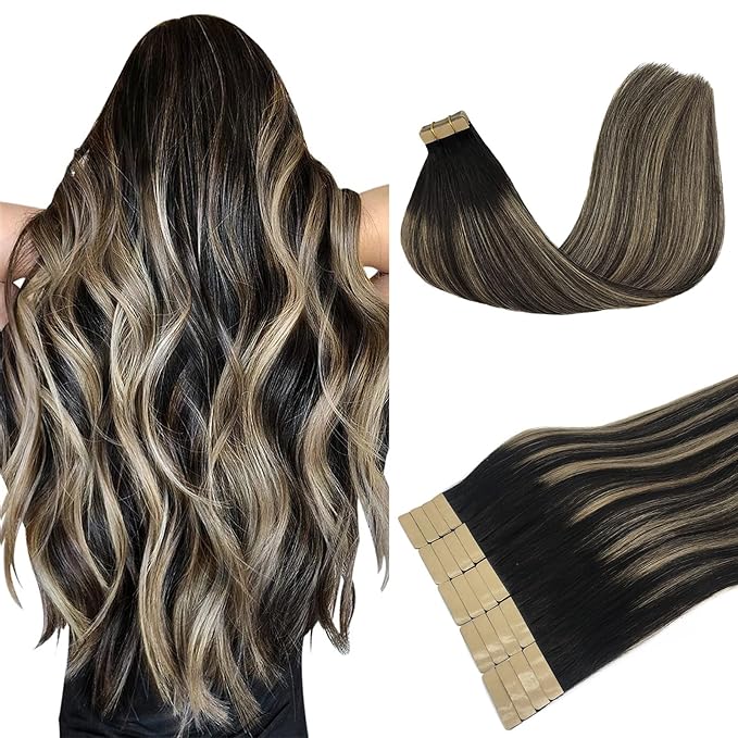 DOORES Tape in Hair Extensions Human Hair, Natural Black to Light Blonde 20pcs 26 Inch 60g, Hair Extensions Tape in Extensions Skin Weft Natural Remy Hair Long Straight Hair