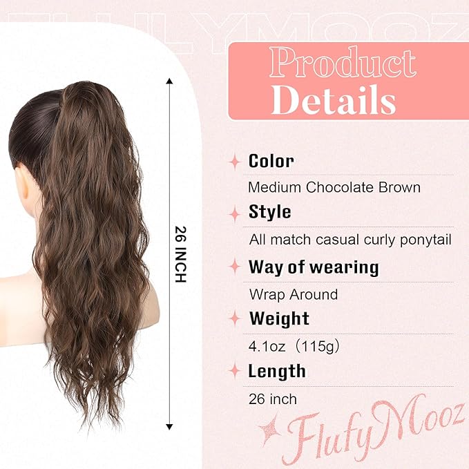 Flufymooz Ponytail Extension, Flexible Wrap Around Ponytail Extension Long Wavy Curly Hair Extensions Natural Synthetic Hairpiece for Women 32 Inch (Chocolate Reddish Brown)
