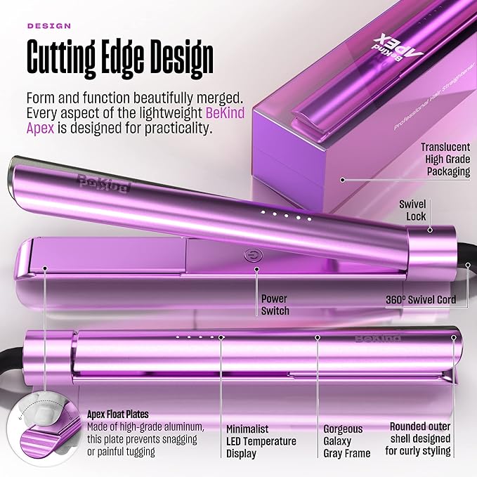 Bekind Apex 2-in-1 Hair Straightener Flat Iron | 1“ 460°F Straightener & Curler for All Hairstyles | UltraSmooth Tech | 15s Fast Heating & Temp Memory | Gift Set for Girls Women (Violet Bloom)
