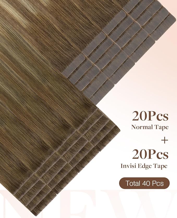 GOO GOO Invisi Edge Tape in Hair Extensions Human Hair, 3/8/613 Walnut Brown to Ash Brown and Bleach Blonde 20pcs injected with 20pcs classical tape ins, 24inch 100g, Virgin Remy Hair, Natural Look