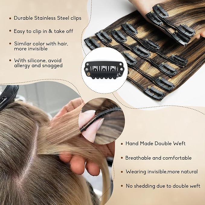 Clip in Hair Extensions Real Human Hair 24inch 8pcs 120g Seamless Balayage Dark Brown Hair Extensions Clip Ins Double Weft Dark Brown Highlight Chestnut Brown Invisible Straight Remy Human Hair