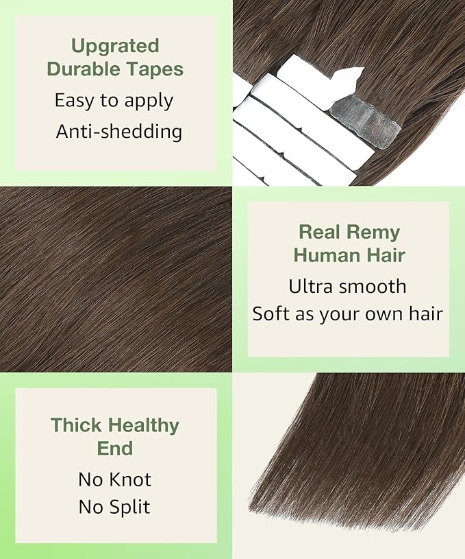 SURNEL Tape in Hair Extensions Human Hair 16 inch Tape in Extensions Color 4 Medium Brown Remy Tape Hair Extensions 20 pcs 50g(#4-16)