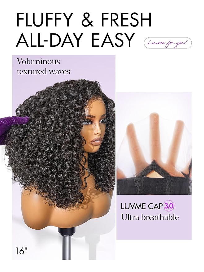 LUVME HAIR 100% Human Hair Wigs Curly Deep Wave Glueless Lace Front 16 Inches, Pre Cut Plucked Hd Lace Short Wig Ready To Go Natural Color Straight Bleached Knots Side Part Black Wigs