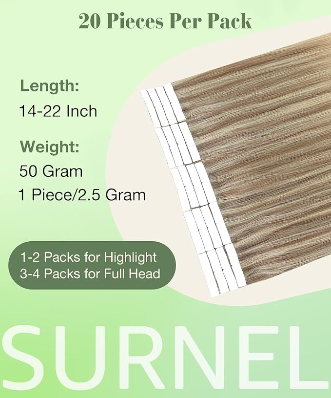 SURNEL Tape in Hair Extensions Human Hair 14 inch Golden Brown Highlighted Fading to Golden Blonde Tape in Hair Extensions 20pcs 50g(#10/16/16-14)