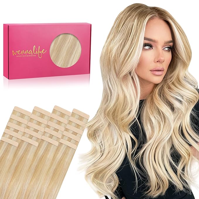 WENNALIFE Tape in Hair Extensions Human Hair, 20pcs 50g 20 inch Dirty Blonde Highlighted Bleach Blonde Remy Hair Extensions Straight Human Hair Tape in Extensions Skin Weft Extensions Hair