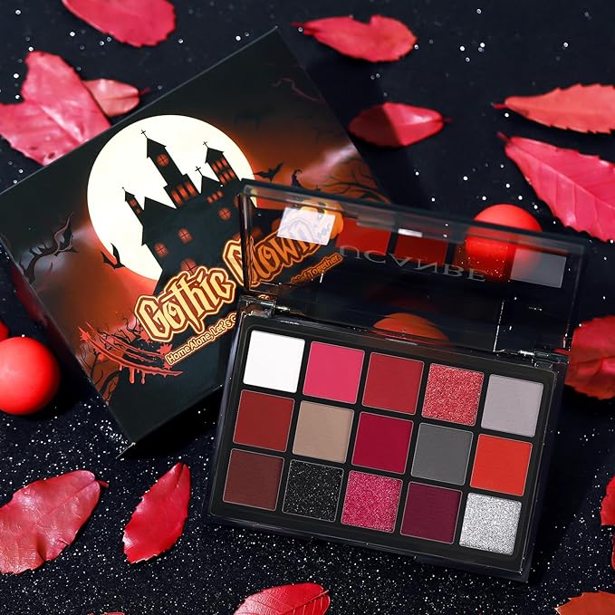 UCANBE Red Eyeshadow Makeup Palette, 15 Colors Burgunry Gray Silver Shimmer Matte Glitter Metallic Eye Shadow Pallet, Pigmented Make Up Kit for Halloween Parties Christmas Joker Vampire Clown
