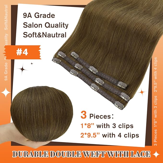 Full Shine Invisible Clip in Hair Extensions Human Hair Medium Brown 18 Inch Brown Remy Human Hair Extension Clip ins Silky Natural Hair 60 Grams 3 PCS