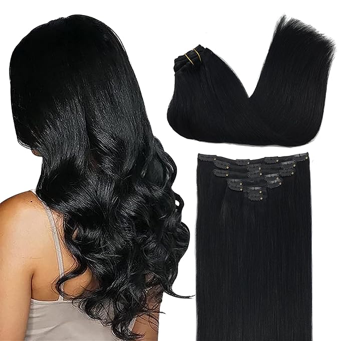 GOO GOO Clip in Hair Extensions Real Human Hair, Remy Human Hair Extensions Clip ins for Women, Natural Human Hair, 26inch 180g 7Pcs, #1 Jet Black