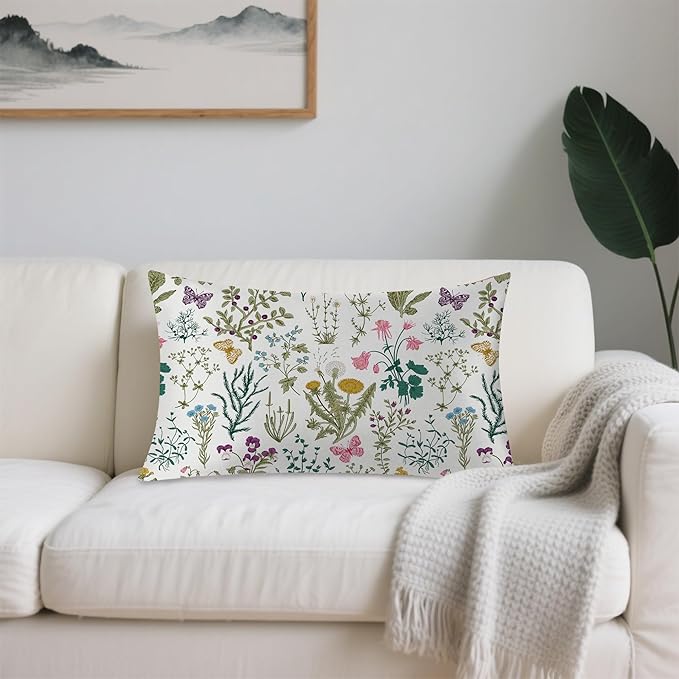 Leaves Herbs and Wildflowers Satin Pillow Case Queen Size,Soft Pillowcases for Hair and Skin Similar to Silk,Pillowcases with Hidden Zipper Bedding Accessories,20X30 Inches,1 Pack