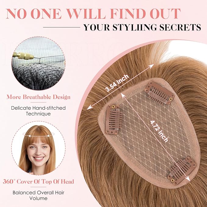 Hairro Human Hair Toppers with Wispy Bangs, 3.5x4.7" Hand-wovened Base for Women with Thinning Hair, Lightweight & Breathable Realistic Scalp, Clip-in Hairpieces for Easy Wear, 16 Inch Blondish Brown