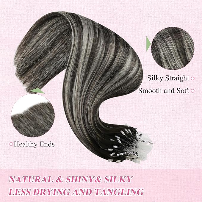 YoungSee Micro Bead Hair Extensions Real Human Hair Ombre Micro Loop Hair Extensions Human Hair Black Ombre Silver with Black Balayage Beaded Hair Extension 20In Cold Fusion Hair Natural 50g 50s