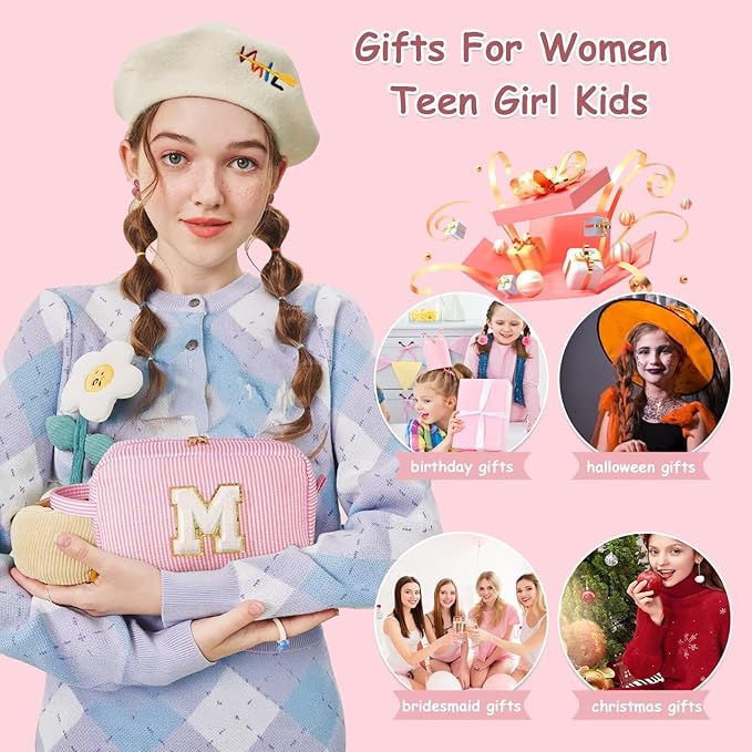 YOOLIFE Gifts for Friend - Personalized Best Friend Birthday Gifts for Women Her Friend Friendship, Sister Gifts from Sister, Monogram Initial Pink Makeup Bag Cosmetic Toiletry Pouch Make Up Case F