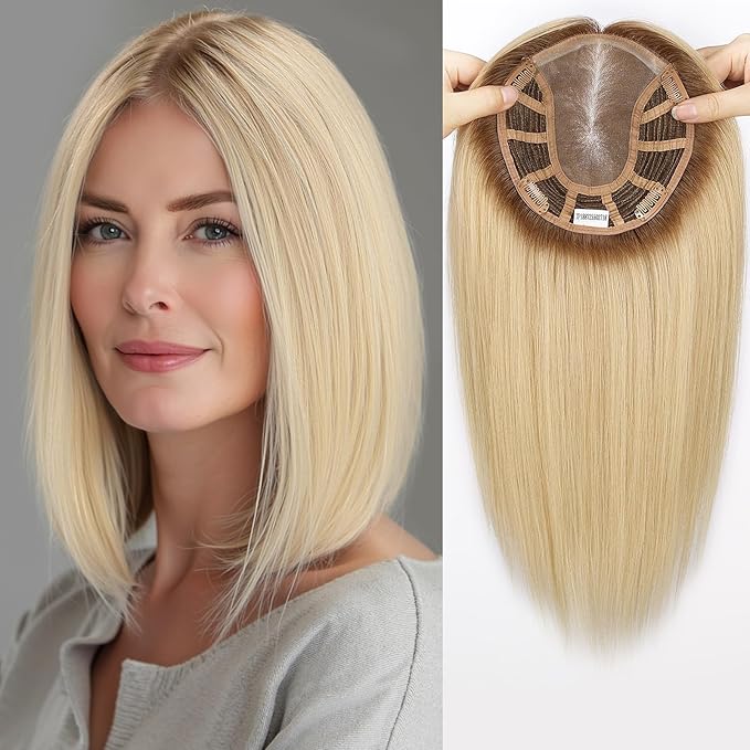 Large MONO Top Hair Toppers for Women Remy Human Hair 14 Inch 6"x7" Big Base Partial wig Cover Thinning Hair or Loss No Bangs Natural Wiglets(Light Blonde Mixed Brown)