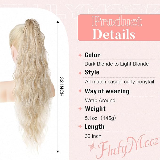 Flufymooz Ponytail Extension, Flexible Wrap Around Ponytail Extension Long Wavy Curly Ponytail Hair Extensions Natural pony tail Synthetic Hairpiece for Women 32 Inch (Dark Blonde to Light Blonde)